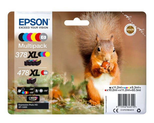 Multipack! Epson 478XL BK/C/M/Y/GY/R blækpatron 60,5ml original 6 stk. C13T379D4010